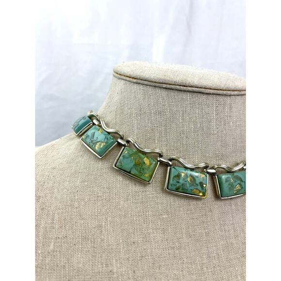 VTG Coro Thermoset Necklace Choker 17" Turquoise & Gold Confetti Silver Tone 50s - Picture 3 of 16